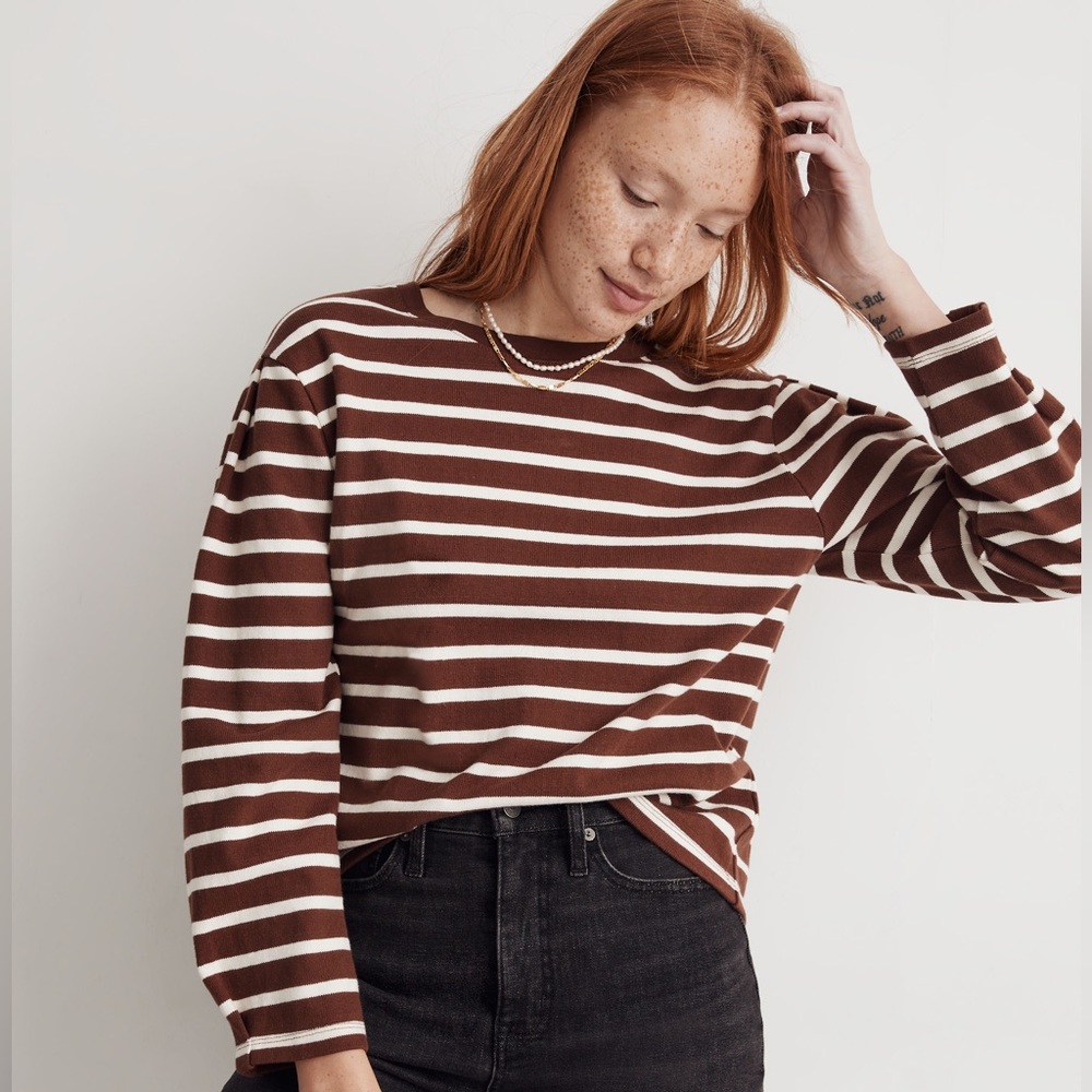 NWT Madewell Pleated Long-Sleeve Tee in Stripe
